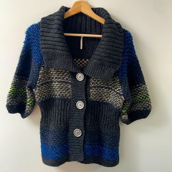 Free People Napoli Cardigan Sweater Wool Button Front Short Sleeve chunky knit S - Picture 1 of 11